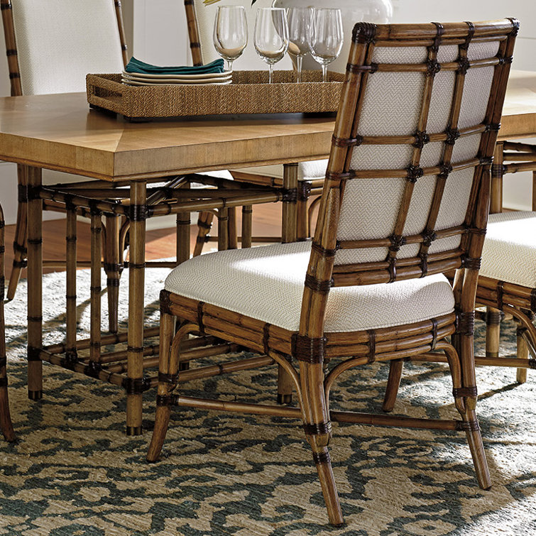 Cream Upholstered Leather Rattan Side Chair with Warm Umber Stain