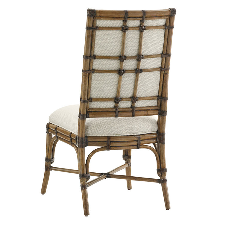 Cream Upholstered Leather Rattan Side Chair with Warm Umber Stain