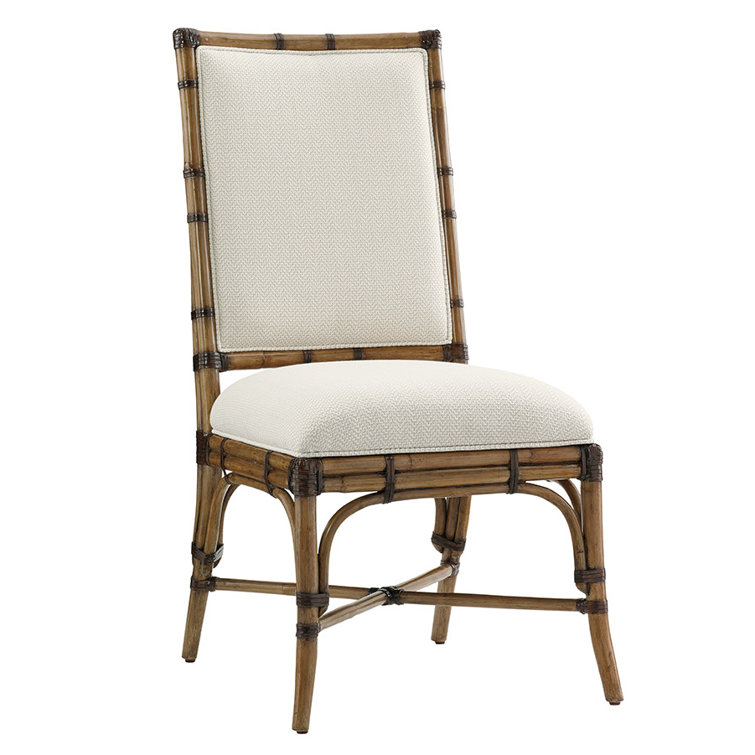 Cream Upholstered Leather Rattan Side Chair with Warm Umber Stain