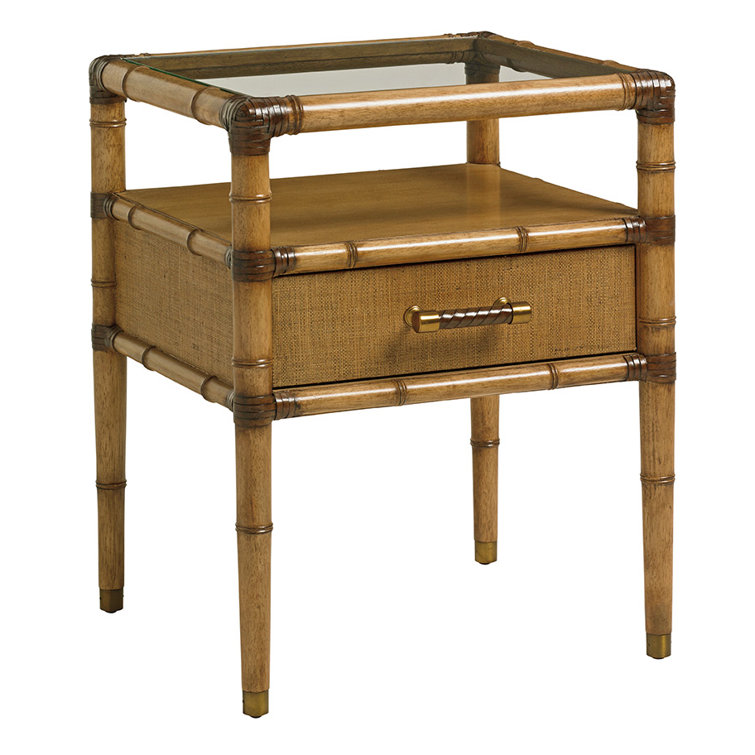 Brown Woven Raffia 1-Drawer Nightstand with Glass Top