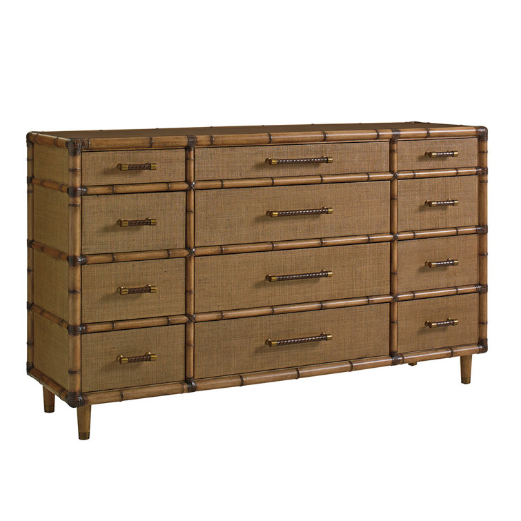 Twin Palms 68" Brown Coastal Woven Raffia 12-Drawer Dresser