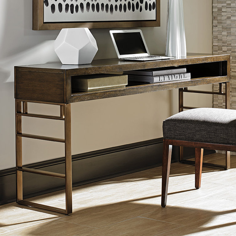 Transitional Mocha and Bronze 60" Metal and Wood Console with Storage