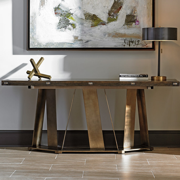 Transitional Brown Wood and Metal Rectangular Console Table