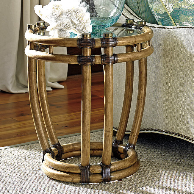 Transitional Round Wood & Metal End Table with Tempered Glass Top