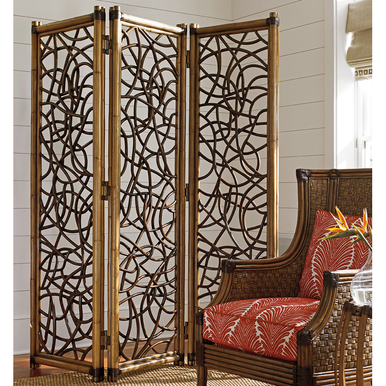 Brown Rattan and Leather Folding Room Divider