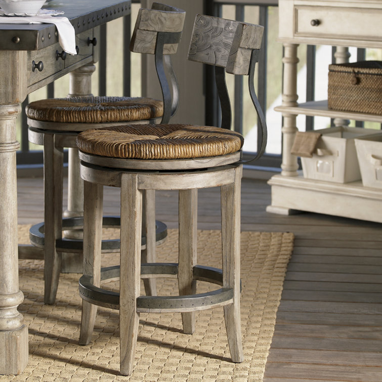 Rustic Industrial Swivel Counter Stool with Woven Rattan Seat, Brown