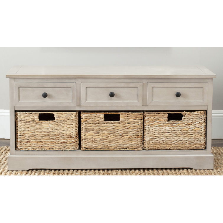 Transitional Gray 42" Solid Wood Storage Bench with Wicker Baskets