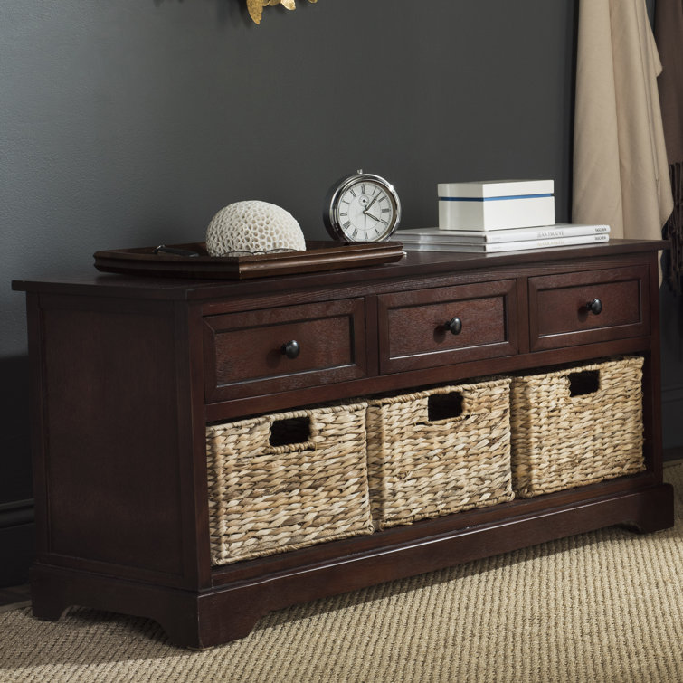 Transitional Damien Dark Cherry Pine Storage Bench with Wicker Baskets