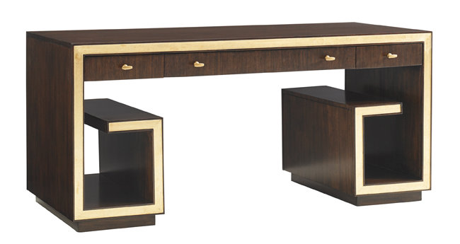 Transitional Walnut and Gold Leaf Home Office Desk with Drawers