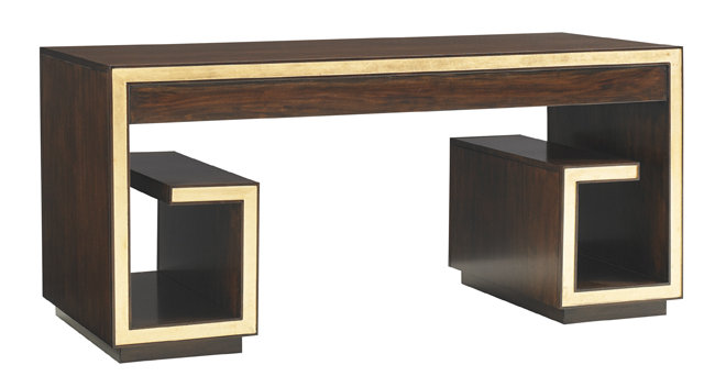 Transitional Walnut and Gold Leaf Home Office Desk with Drawers