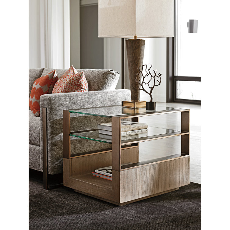 Taupe Gray Elm Rectangular Lamp Table with Glass Shelves