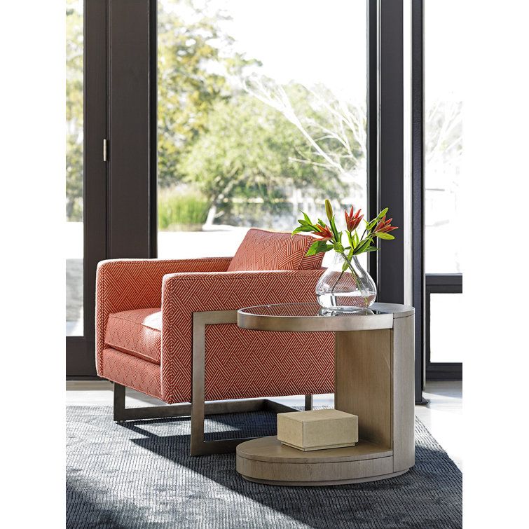 Transitional Beige Oval Cantilevered End Table with Glass Top