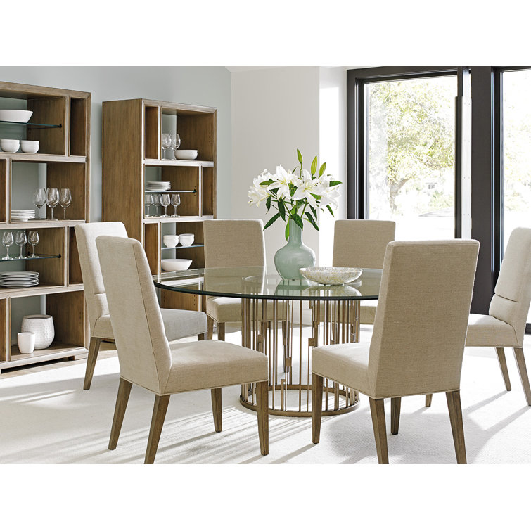 Clear Glass Round Extendable Dining Table with Metal Pedestal Base
