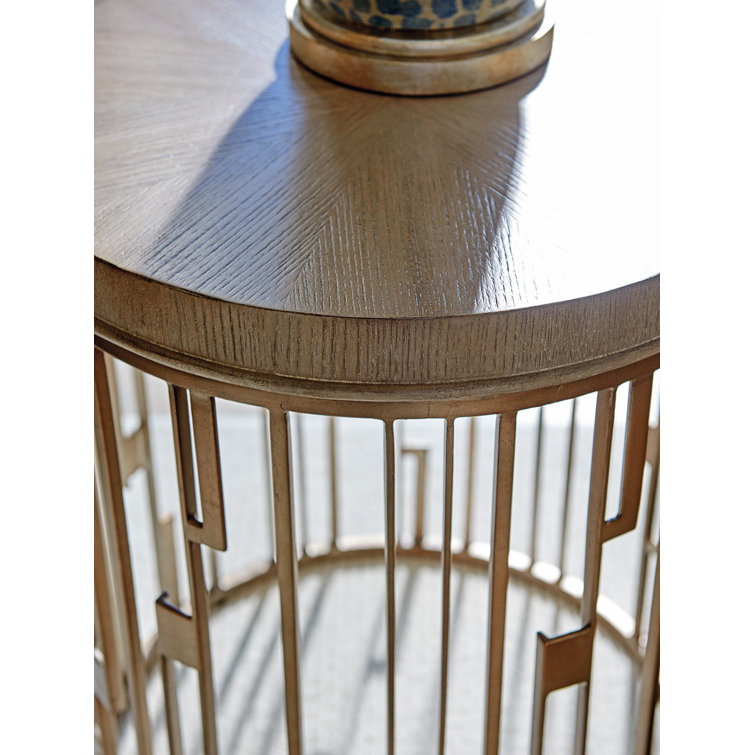 Beige Round Wood and Metal Accent Table