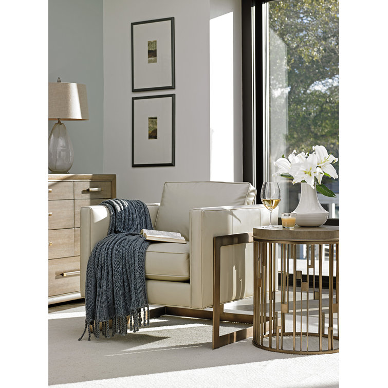 Beige Round Wood and Metal Accent Table