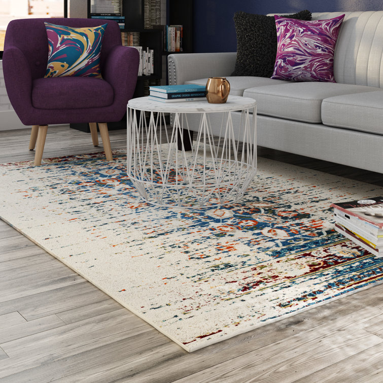 Ivory and Blue Synthetic Boho-Chic Area Rug