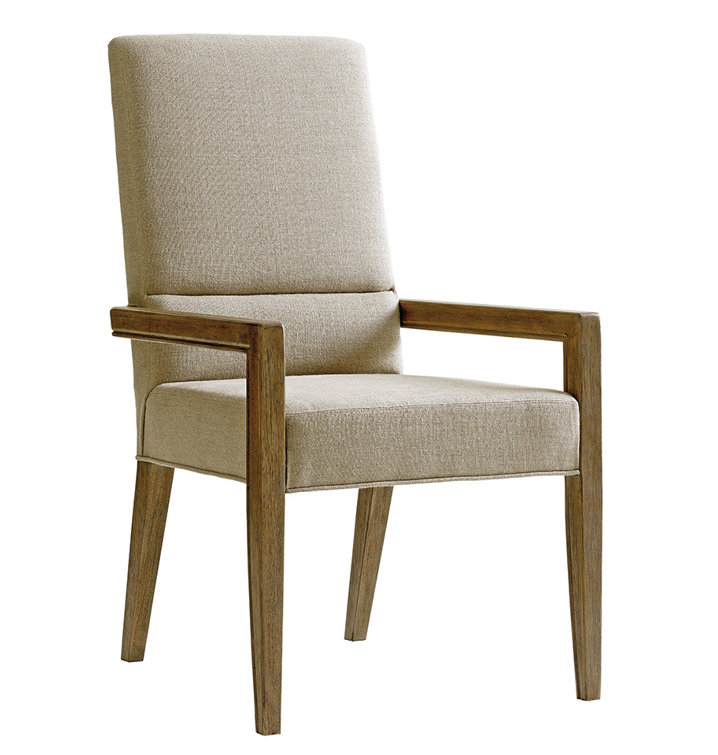 Dove Gray Linen Upholstered Wood Arm Chair