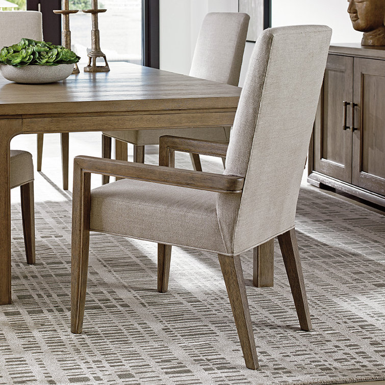Dove Gray Linen Upholstered Wood Arm Chair