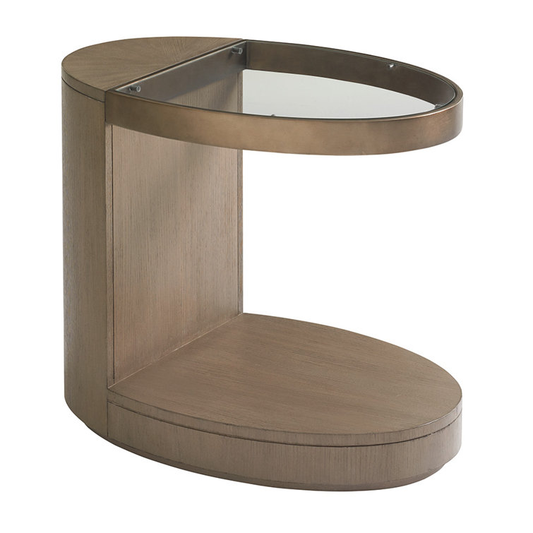 Transitional Beige Oval Cantilevered End Table with Glass Top