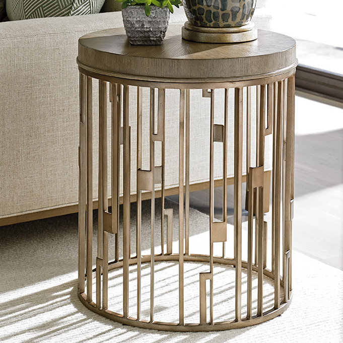Beige Round Wood and Metal Accent Table