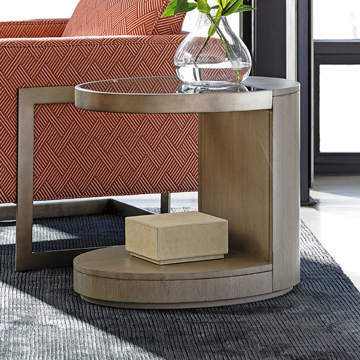 Transitional Beige Oval Cantilevered End Table with Glass Top