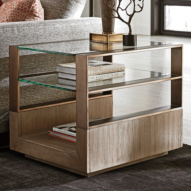 Taupe Gray Elm Rectangular Lamp Table with Glass Shelves