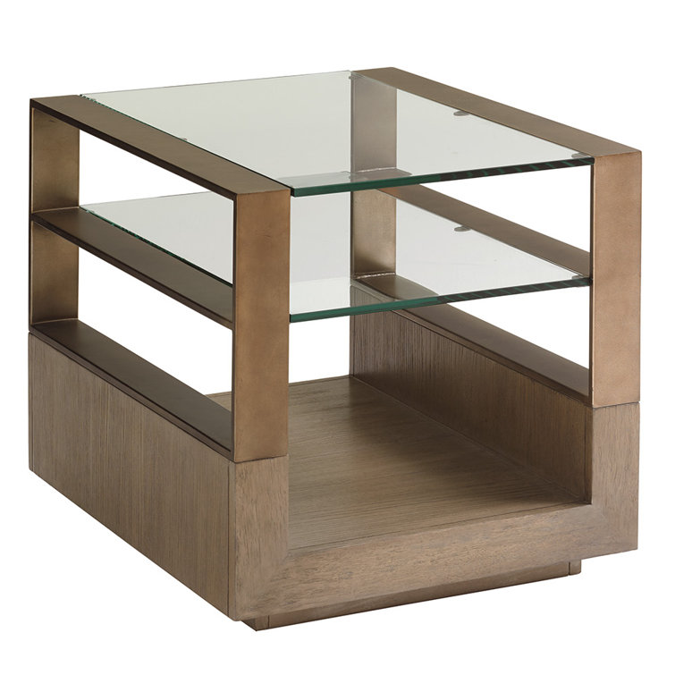Taupe Gray Elm Rectangular Lamp Table with Glass Shelves