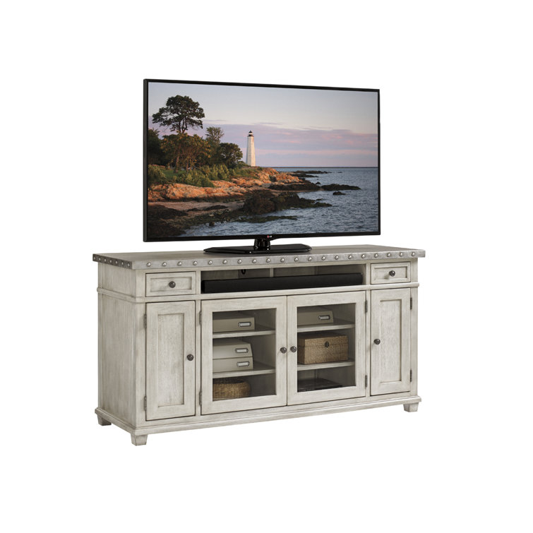Gray Transitional Media Console with Cabinet and Drawers