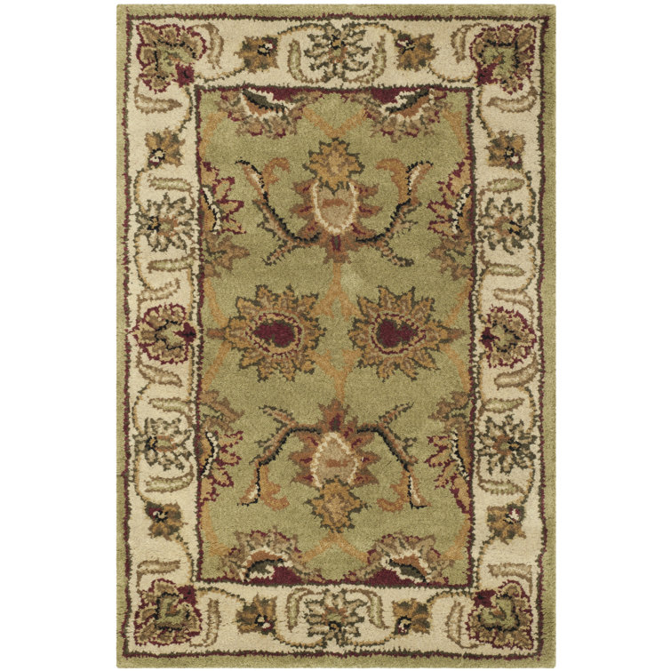 Ivory and Green Hand-Tufted Wool High Pile Area Rug