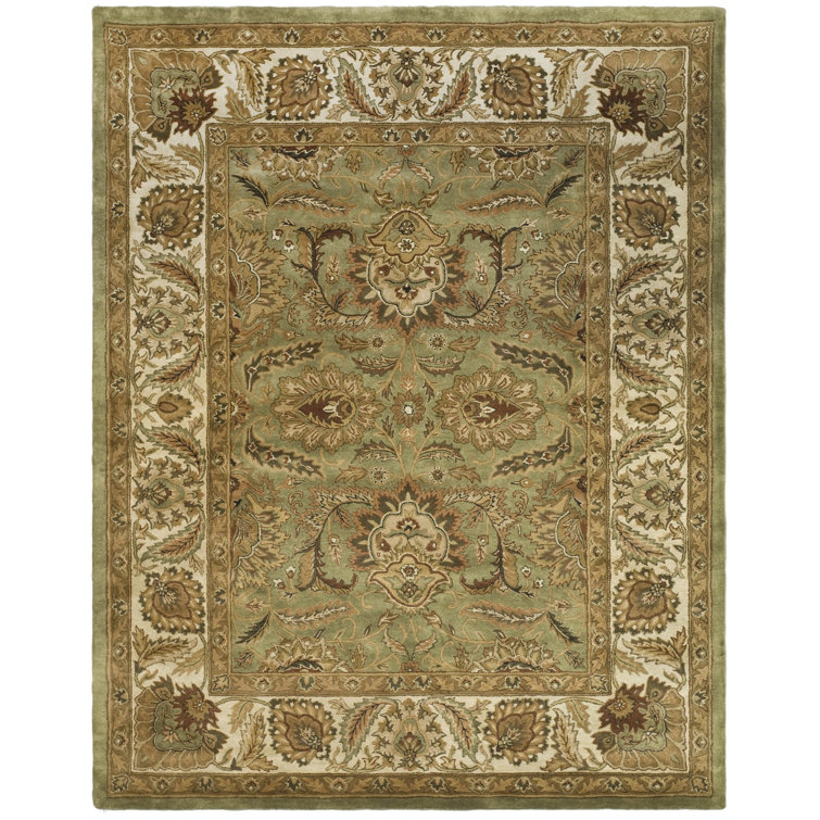 Green and Ivory Hand-Tufted Wool 6' x 9' Oriental Rug