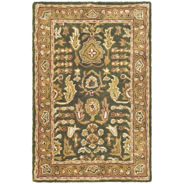 Ivory and Green Hand-Tufted Wool Oriental Rug