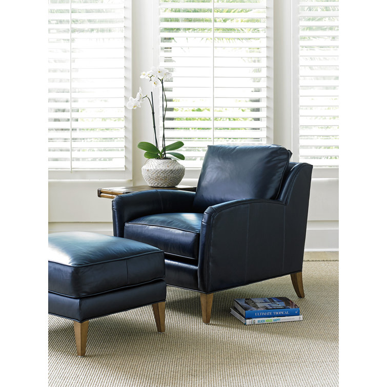 Blue Leather Accent Chair with Wooden Legs