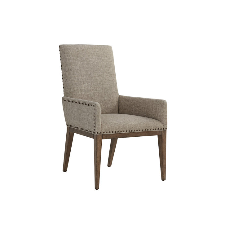 Gray Linen Upholstered Arm Chair with Wooden Base