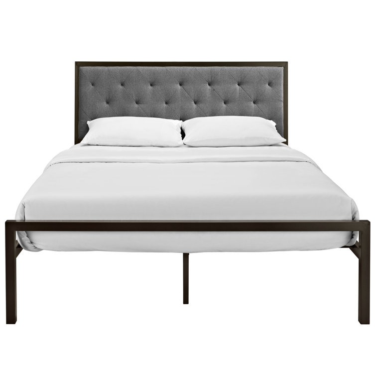 Mia Full Gray Upholstered Metal Frame Bed with Tufted Headboard