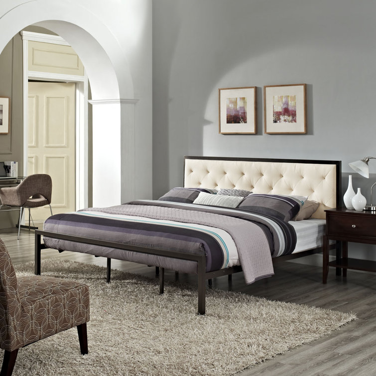 Beige Tufted Upholstered King Bed with Metal Frame