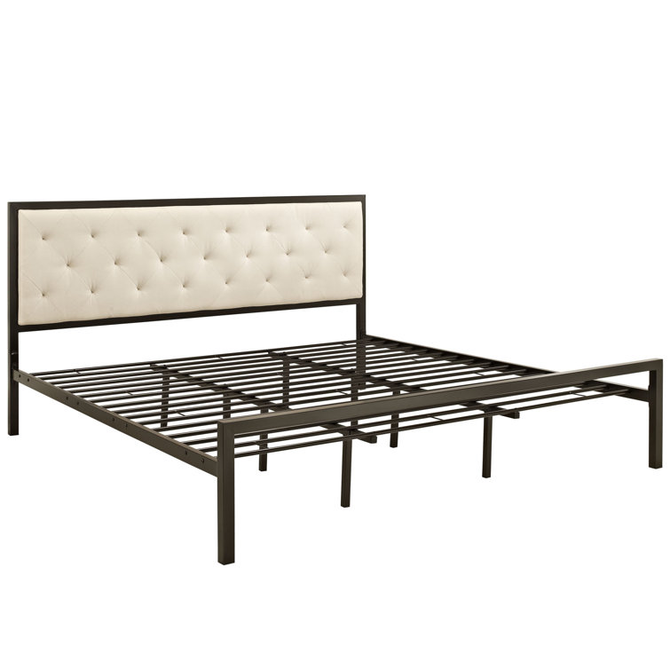 Beige Tufted Upholstered King Bed with Metal Frame