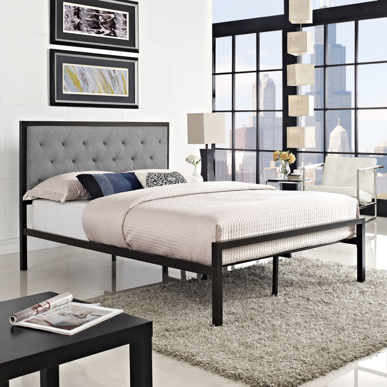 Mia Full Gray Upholstered Metal Frame Bed with Tufted Headboard