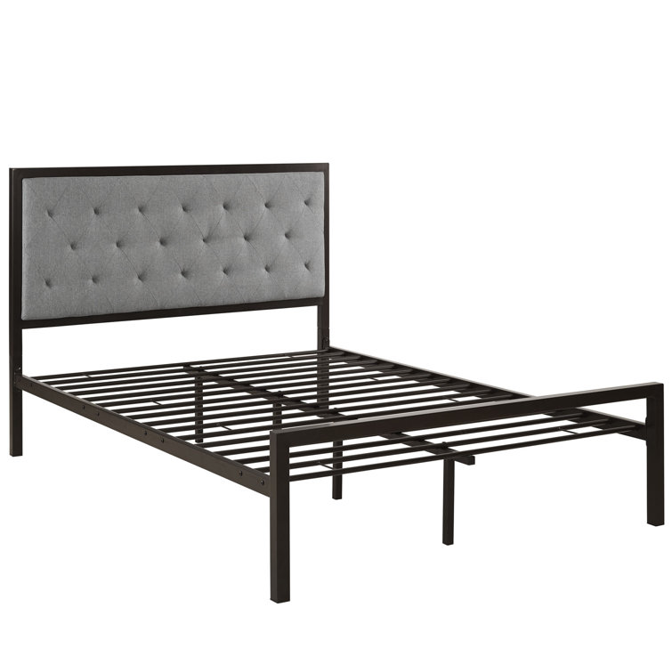 Mia Full Gray Upholstered Metal Frame Bed with Tufted Headboard