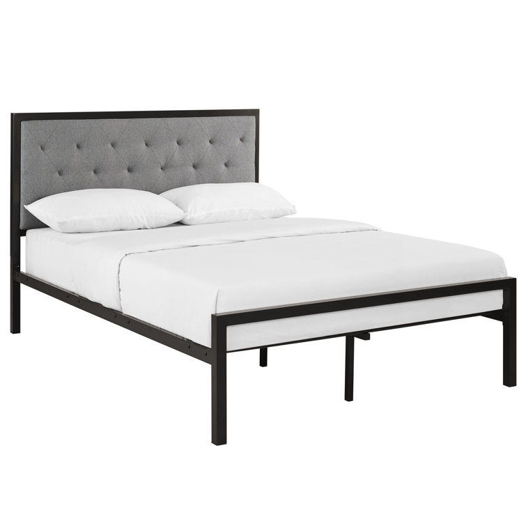 Mia Full Gray Upholstered Metal Frame Bed with Tufted Headboard
