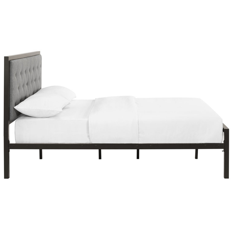 Mia Full Gray Upholstered Metal Frame Bed with Tufted Headboard