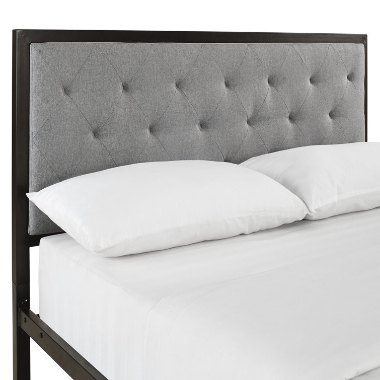 Mia Full Gray Upholstered Metal Frame Bed with Tufted Headboard