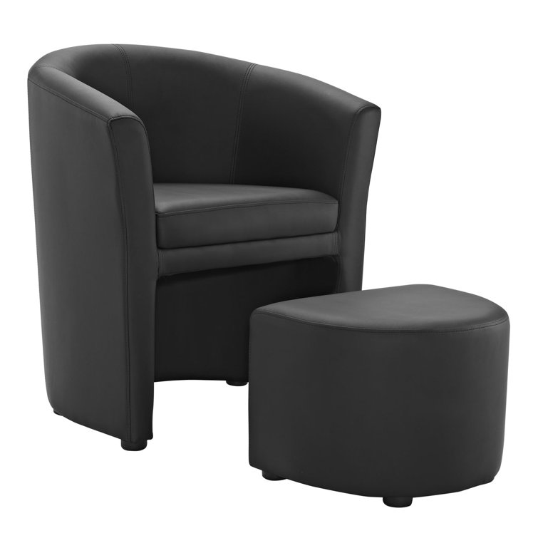 Sleek Black Barrel Faux Leather Armchair with Self-Storage Ottoman