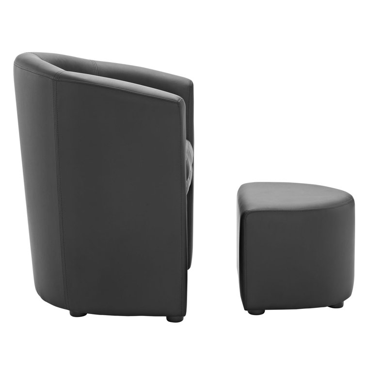 Sleek Black Barrel Faux Leather Armchair with Self-Storage Ottoman