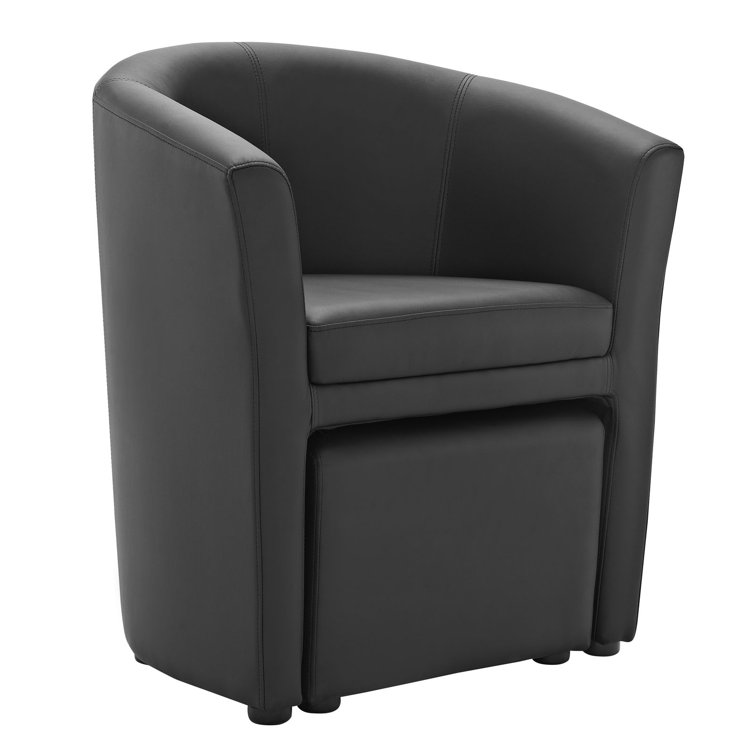 Sleek Black Barrel Faux Leather Armchair with Self-Storage Ottoman