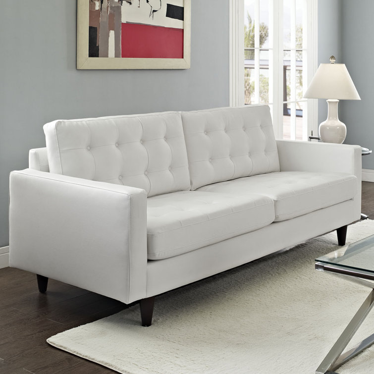 White Tufted Faux Leather Sofa with Wood Legs