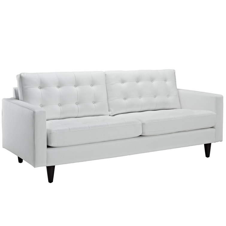 White Tufted Faux Leather Sofa with Wood Legs