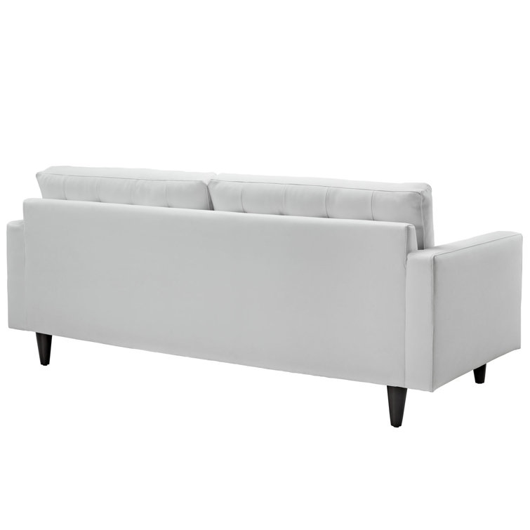 White Tufted Faux Leather Sofa with Wood Legs