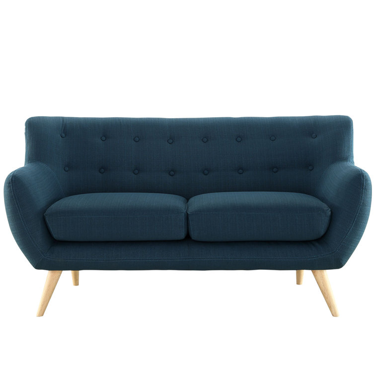 Azure Blue Tufted Fabric Loveseat with Solid Wood Legs