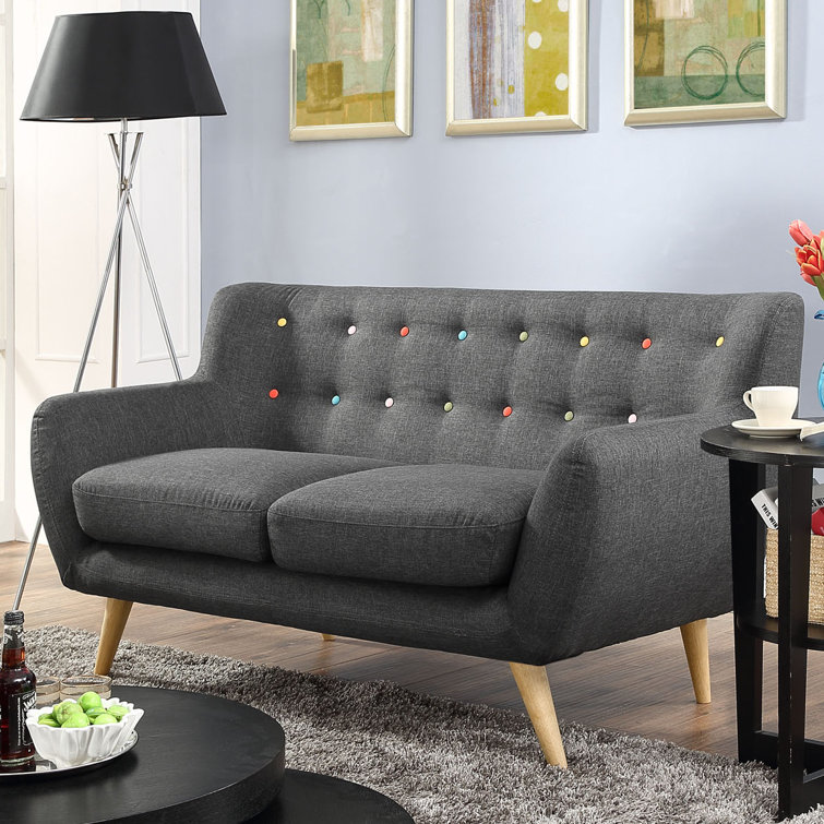 Mid-Century Modern Tufted Loveseat in Stormy Gray with Wood Legs