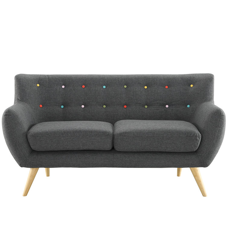 Mid-Century Modern Tufted Loveseat in Stormy Gray with Wood Legs